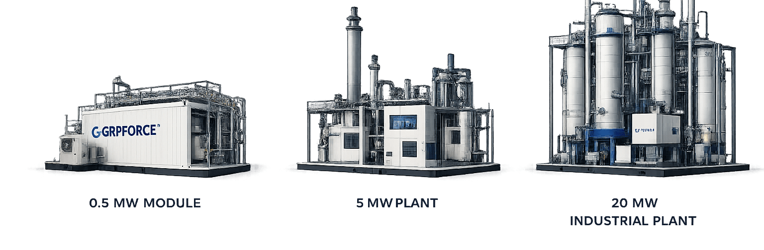 Containerized unit, 0.5 MW module, 5 MW plant and 20 MW industrial plant
